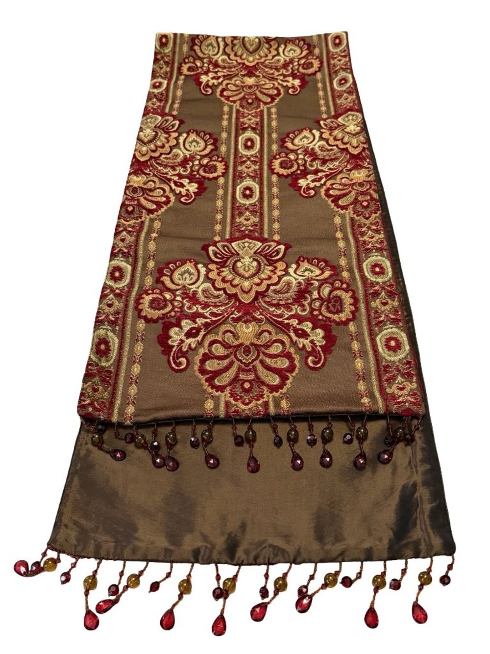 Vintage Bombay Company Silk Velvet Tapestry Table Runner Beaded Fringe Red Gold - Picture 4 of 5
